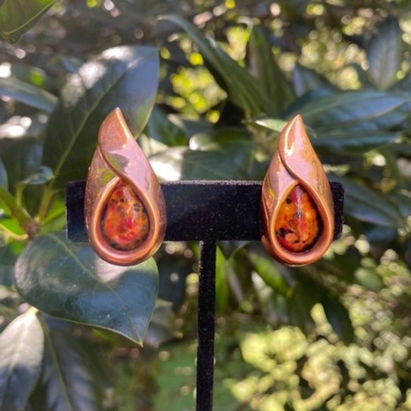 VTG MATISSE RENOIR Copper “Sari” Tear Drop Enamel EARRINGS